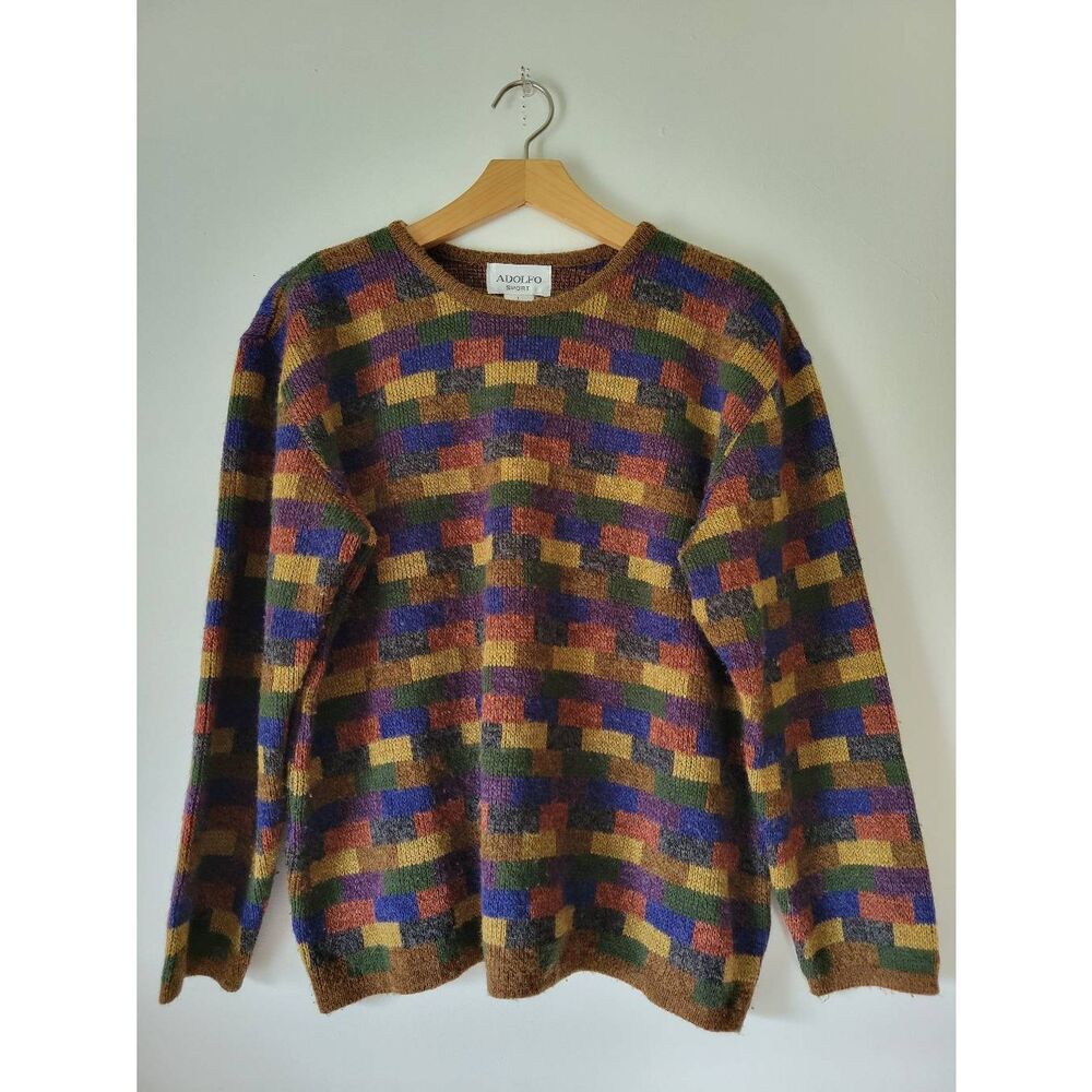 Vintage Adolfo Sport Sweater Large Multicolor Geometric Knit Wool Blend 90s Text